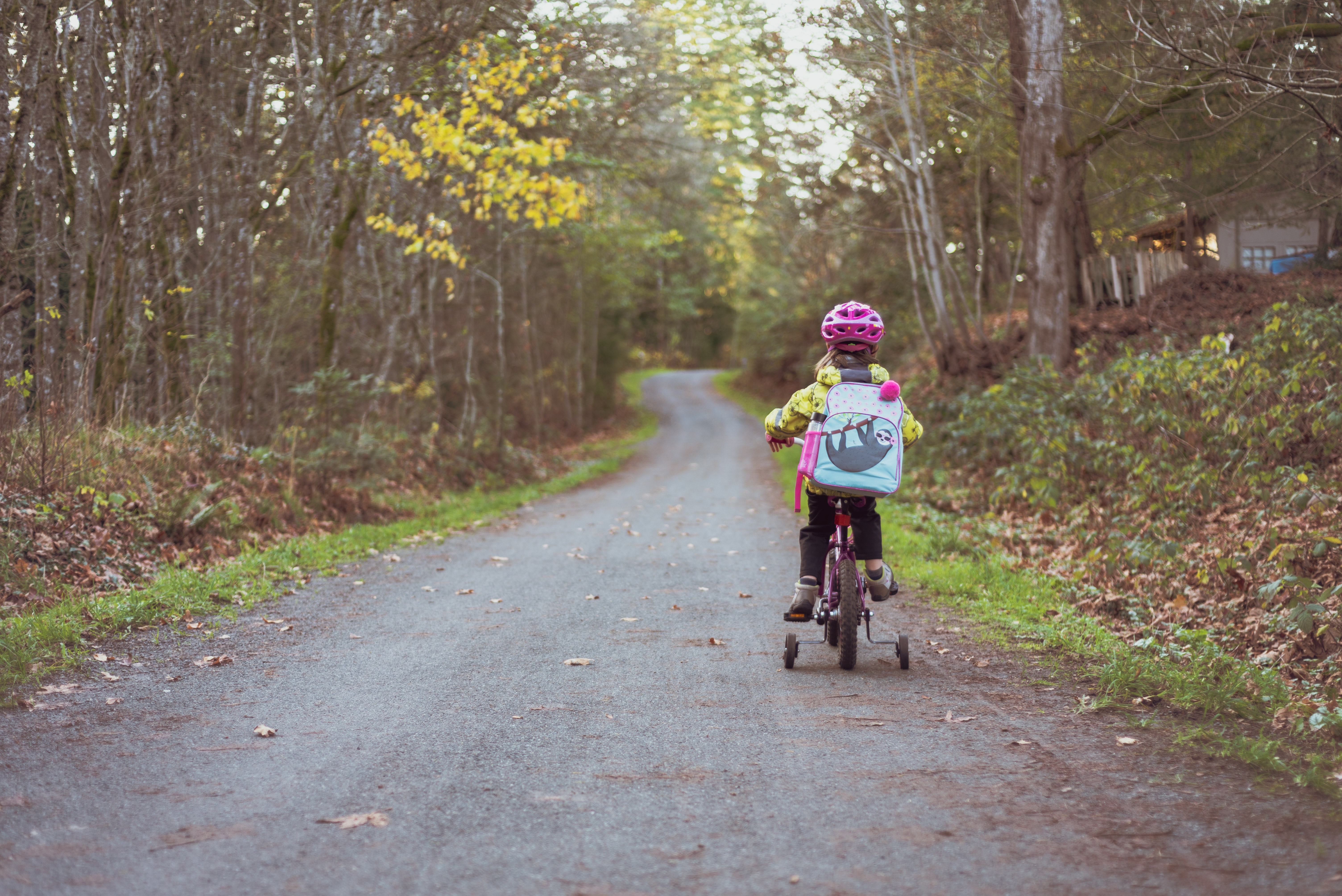 a child riding a bike on a path in the woods